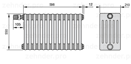 Схема (чертеж) Радиатор Zehnder Charleston 6055/13 №V011 Белый глянцевый RAL 9016